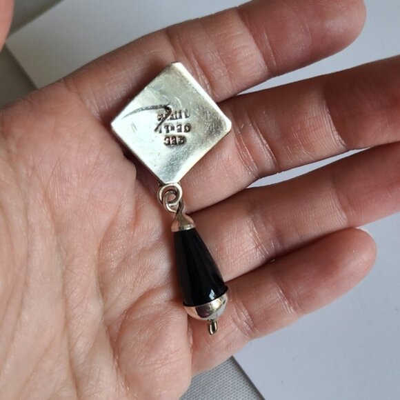 Vintage Taxco Sterling Silver Western Chunky Black Onyx Drop Dangle Earrings - Picture 9 of 10